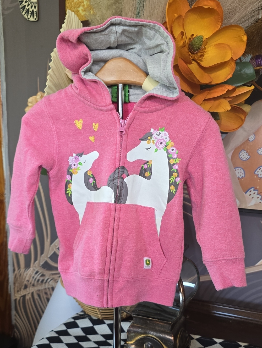 John Deere Pink Girls' Unicorn Horse Zip Hoodie Jacket